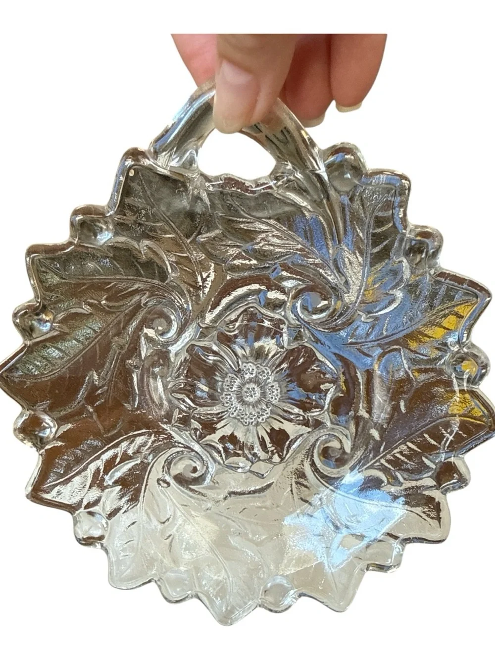 Vintage Indiana Glass Wild Rose Clear Single Handle Nappy Relish Dish 6.5
